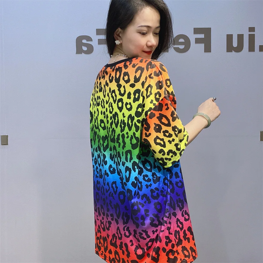 Loose Leopard Print Beaded Half Sleeve T-shirt Summer Gradient Color Round Neck Short Sleeve Mid-Length Casual Top for Women