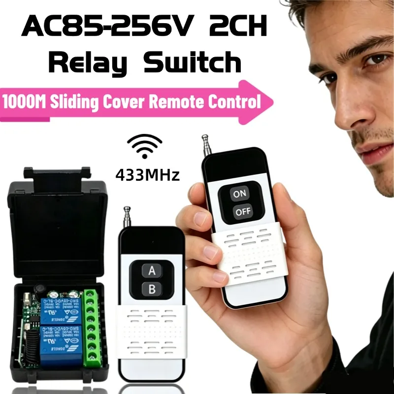 Universal Wireless Remote Control 433Mhz AC110V 220V 2CH RF Relay Receiver and Long Range Transmitter for Garage Door Gate Motor