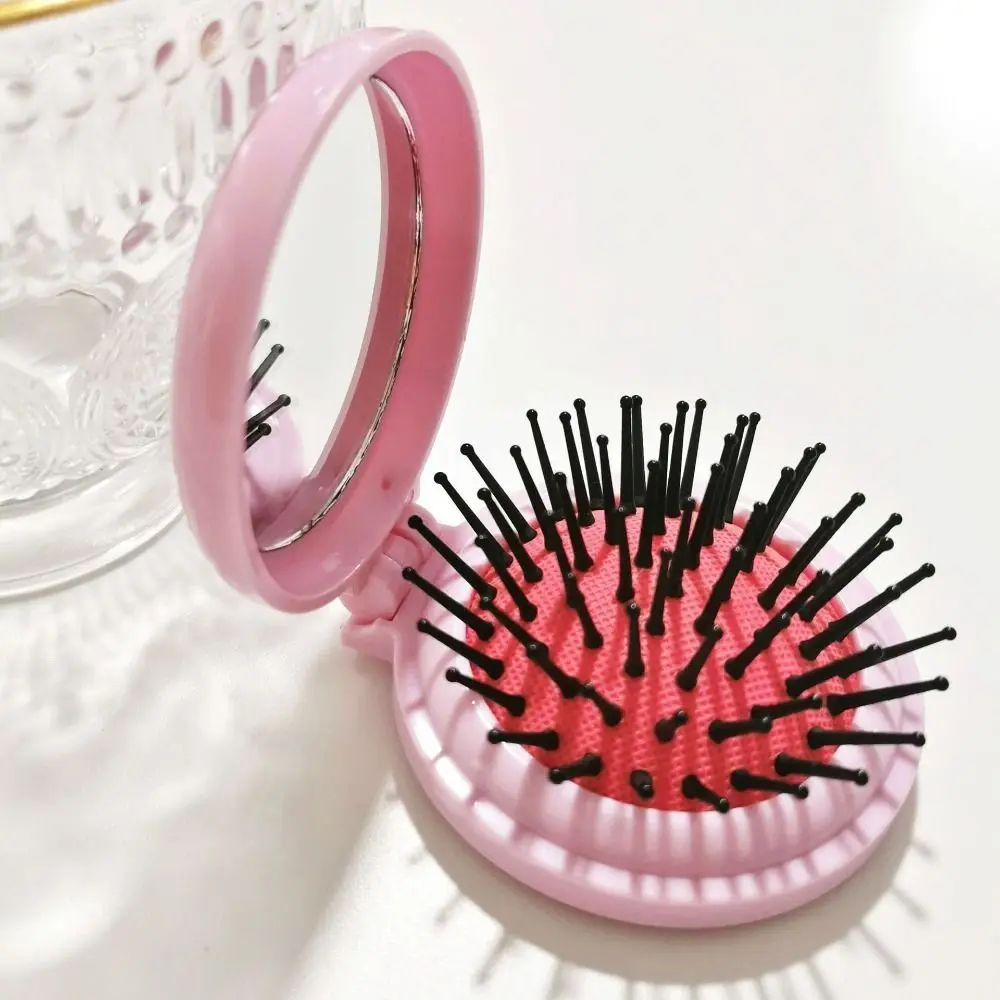 Durable Morandi Color Round Folding Comb with Mirror Compact Anti Static Pocket Hair Brush Love Decor Bow Air Cushion Comb Girl