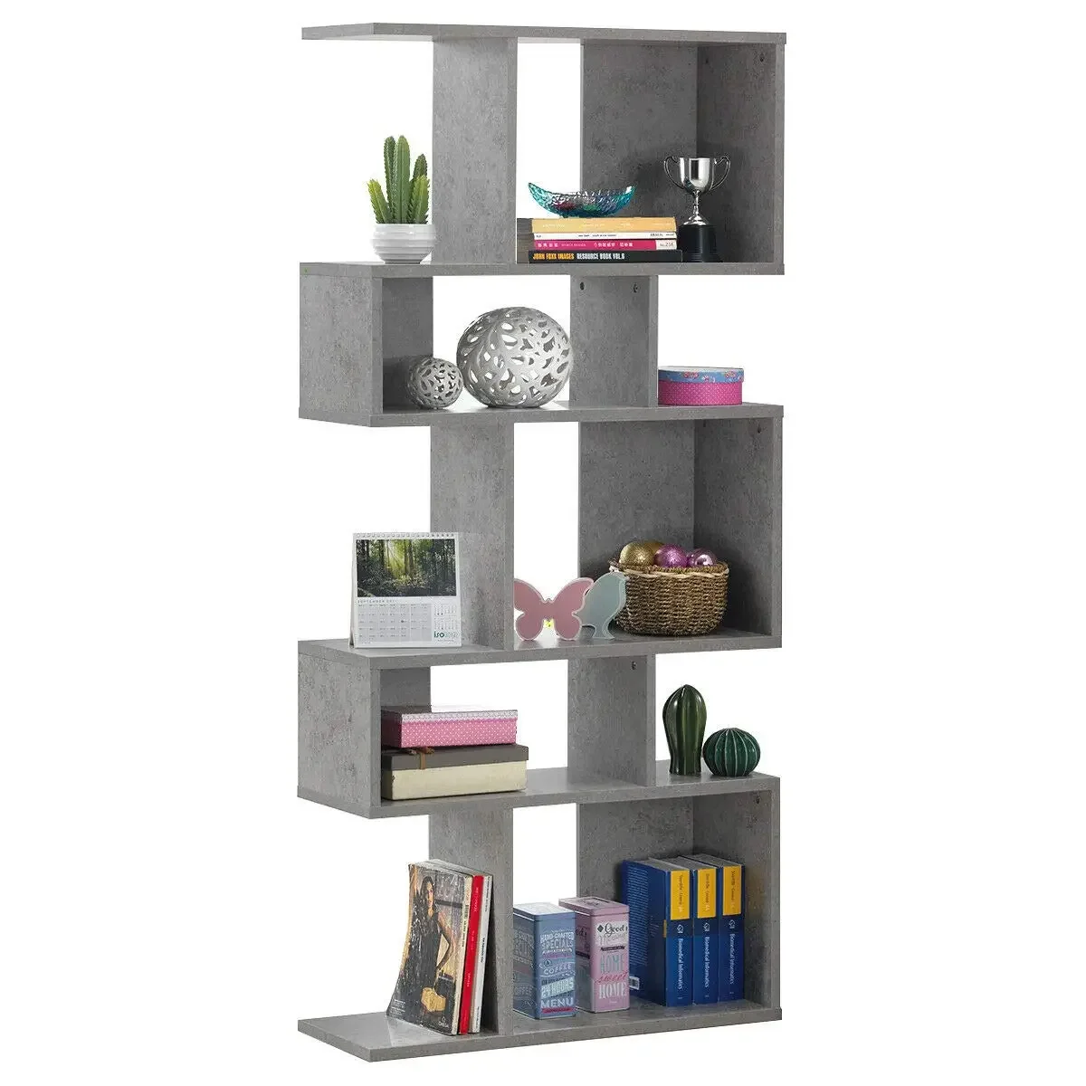 #5-Tier Geometric Bookshelf, 70" Tall Wood Freestanding Decorative Display Open Shelves