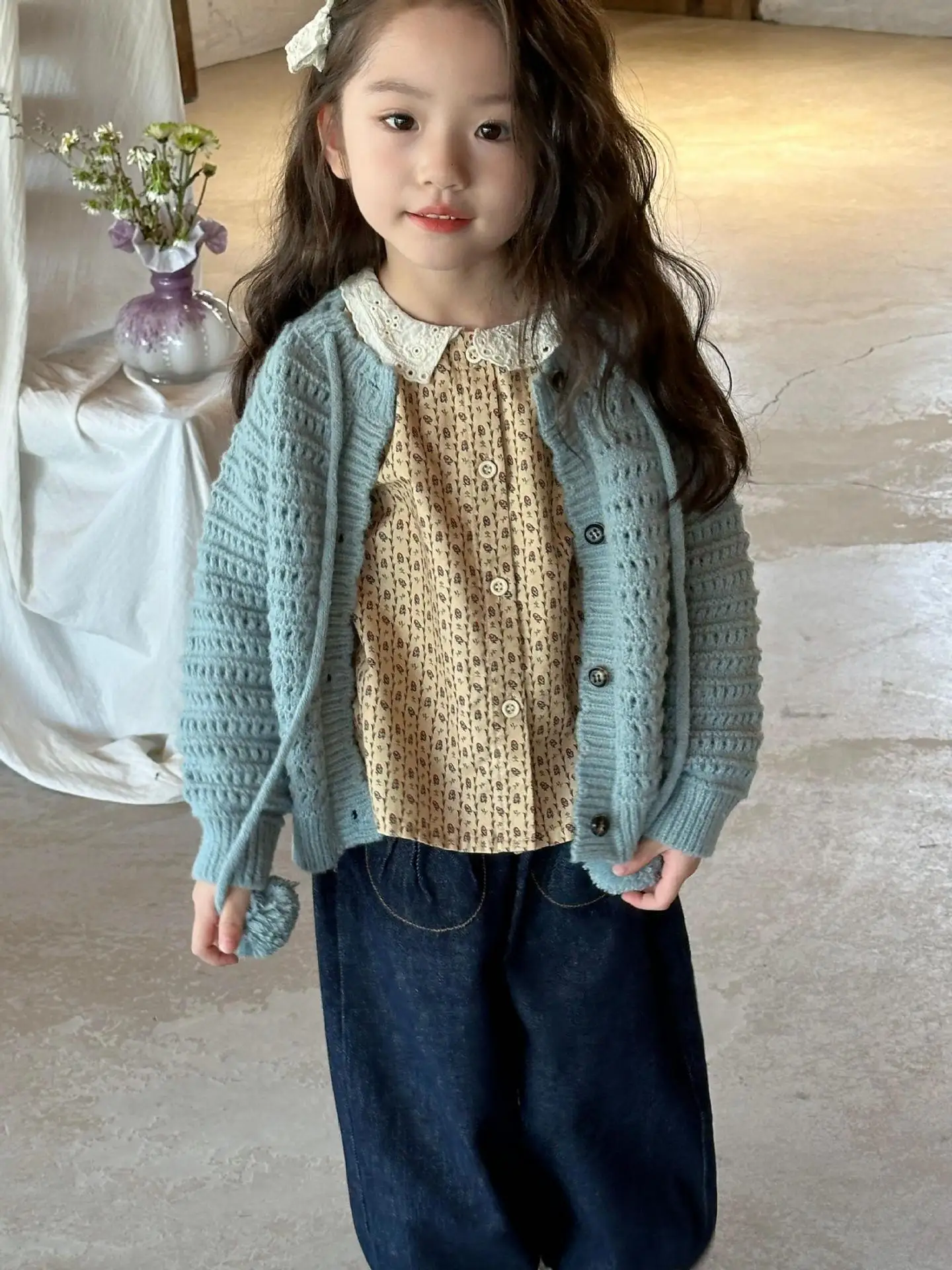 Girls Suits 2024 New Fall Vintage Blue Sweater Doll Shirt Denim Trouser Suit Three-piece Set Korean Simple Style Clothes Suits