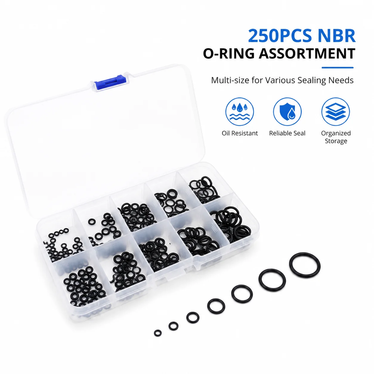 250 Pieces of Black Nitrile Rubber O-ring Kit CS1/1.5mm Outer Diameter 4-10mm Mechanical Equipment Sealing Gasket Repair Box