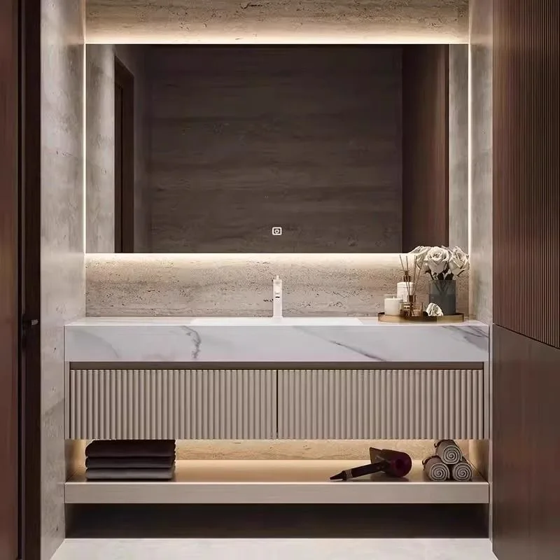 Simple bathroom bathroom cabinet combination light luxury hotel integrated smart rock slab seamless face washing hand washing