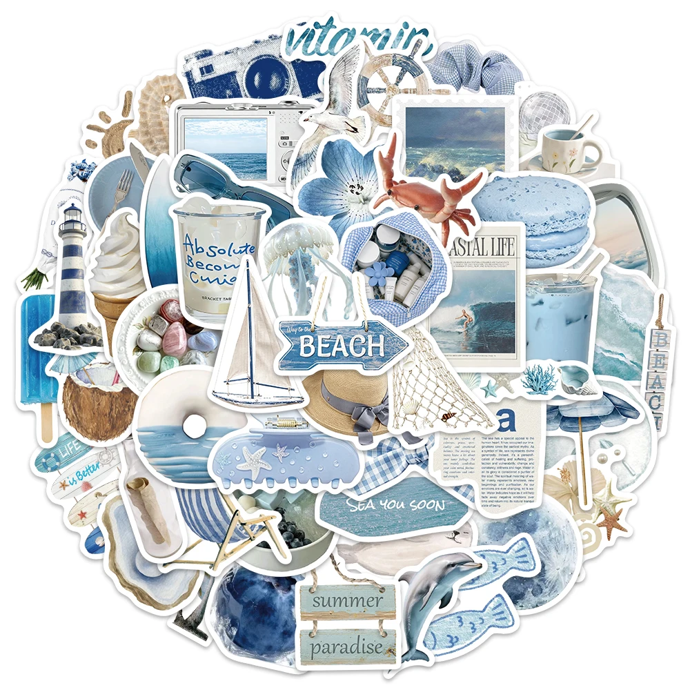 56PCS Light Blue Ins Wind Coastal Aesthetic Stickers DIY Phone Case Postcards Notebook Water Bottle Waterproof Stickers