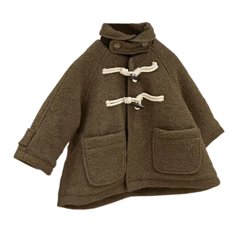 2024 autunno inverno coreano neonata cappotto di lana caldo colletto rovesciato giacca da bambina bottone in corno solido cappotto Outwear per