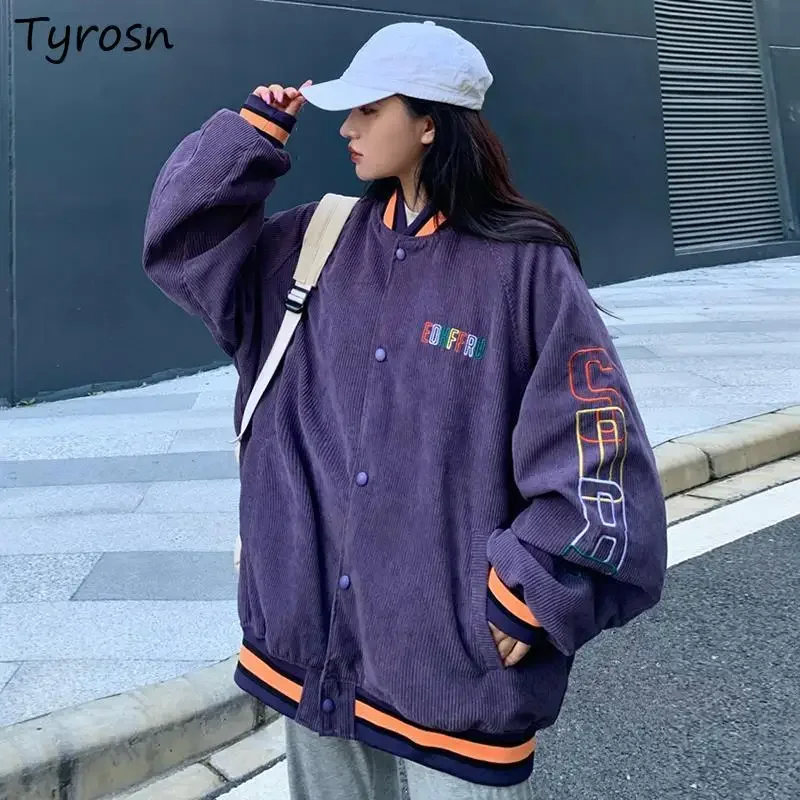 

Women Corduroy Jackets Embroidery Sweet Leisure Harajuku High Street Ladies Hipsters Retro Running Warm Coats Baggy Chic Teens