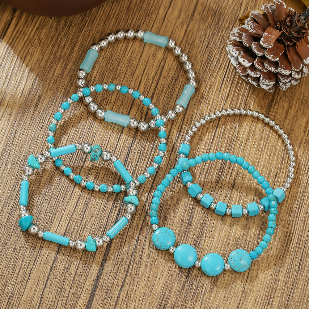 

Ethnic Style Blue Nature Stone Beaded Bracelets For Men Vintage Multi-layer Stacked Charm Bangle Bohemian Jewelry Gift