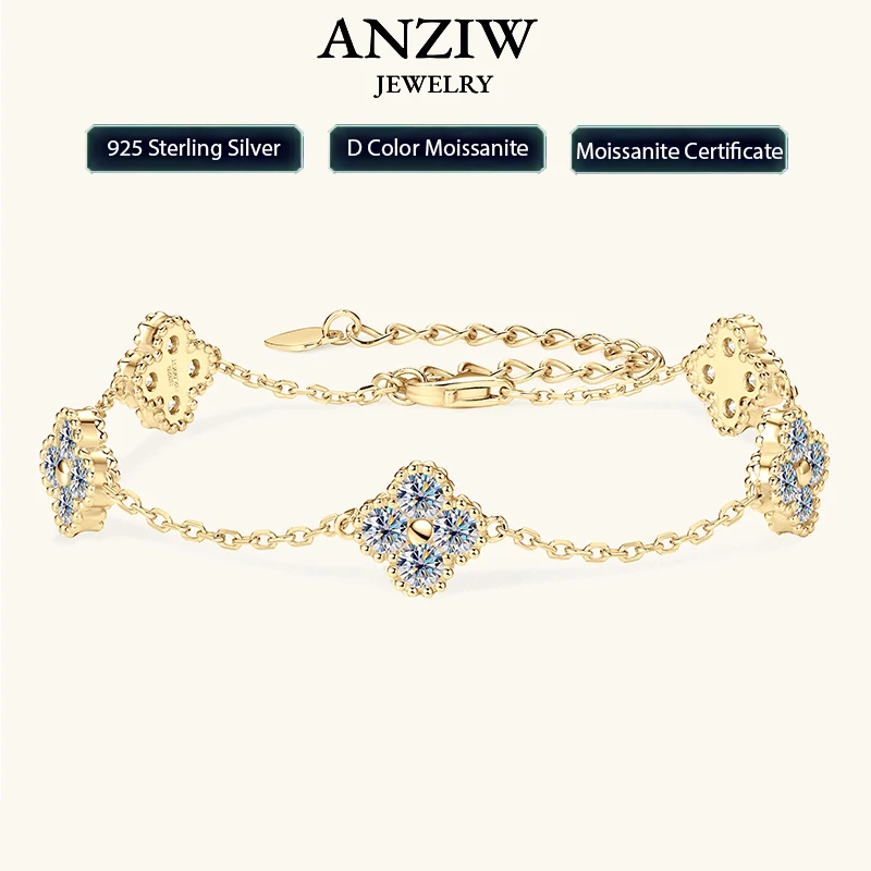 

Anizw 2025 New 925 Silver Flower Clover Bracelet Moissanite 3mm for Women 18k Gold Plated Fine Jewelry GRA Certified Lab Diamond