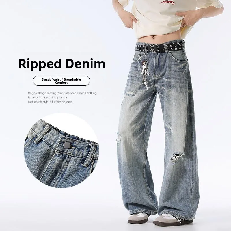 

Casual Loose Men's Jeans Knife Pants High Street Style Beltable Long Trousers Breathable Cotton Denim Summer Fashion