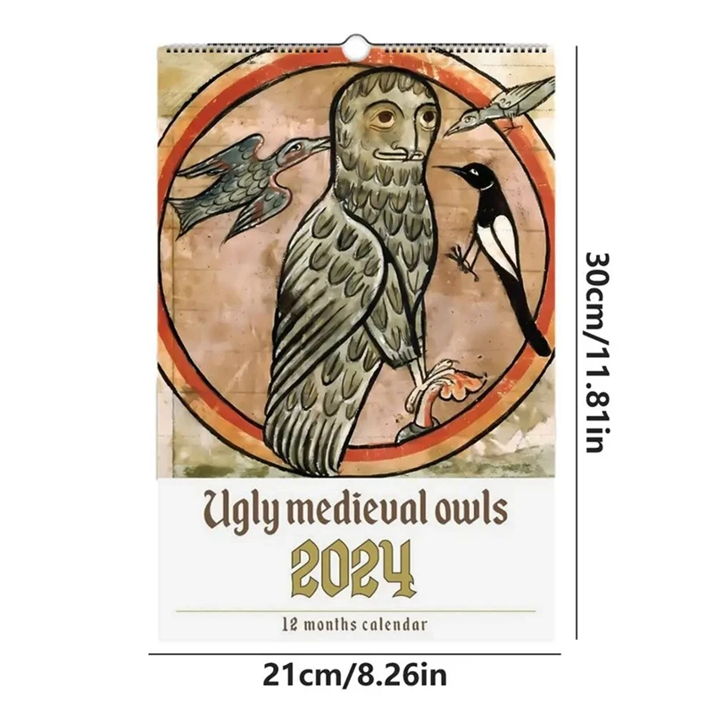 Calendario de pared Medieval, calendario de pared de búho feo 2024, calendario colgante de Año Nuevo de Dargon 2024, planificador de 12 meses, pinturas de aves, regalo