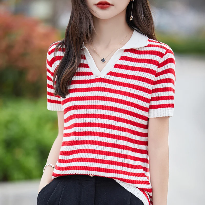 

Women's T-Shirt Summer 100% Cotton Sweater Short Sleeve Fashionable Knitted Lapel Ladies Tops Loose Blouse Striped Pullover Tees