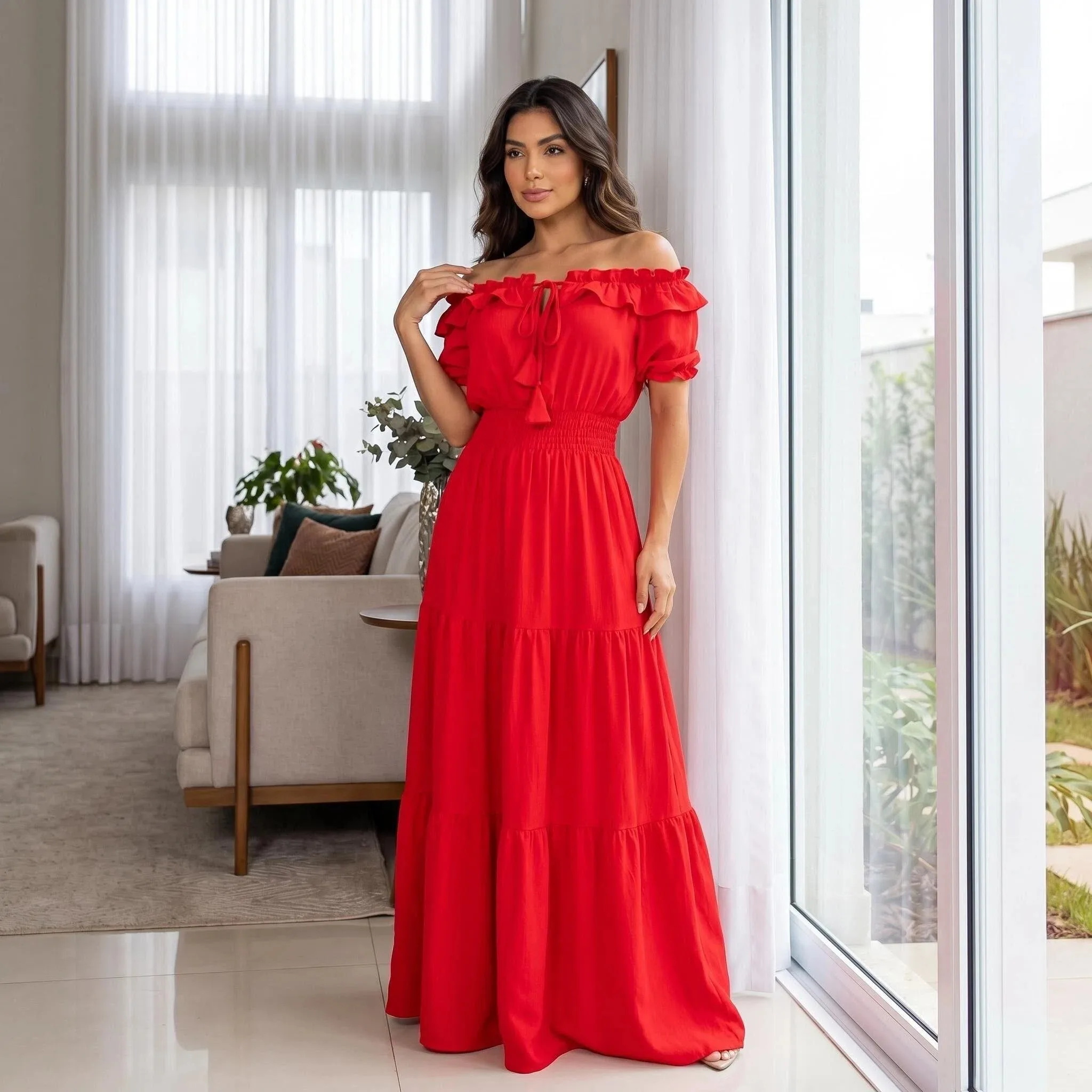 

Ladies Fashionable Pure-Color Lace-Up Dress Ruffle-Edged Camisole Puffed Sleeves Large-Flared Skirt Women's Gown