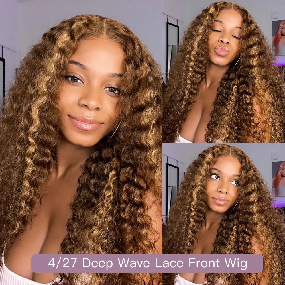 Peruki typu lace front z głęboką falą deep wave, 36 cali, 13x6, z pasemkami ombre, wykonane z ludzkich włosów, wstępnie wyskubane, kolor 4/27, peruki typu lace front 13x4 z falą water wave, kręcone.