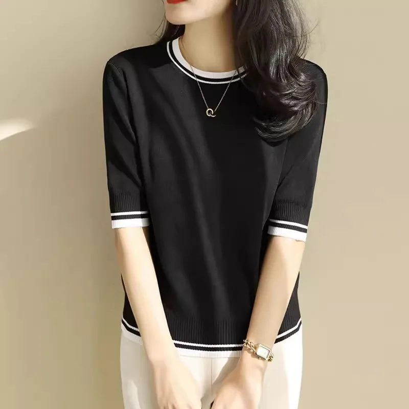Female Korean New Round Neck Short Sleeve T-shirt Women\'s Underlay Fashion Half Sleeve Knitted Top Thin and Fashionable Pullover