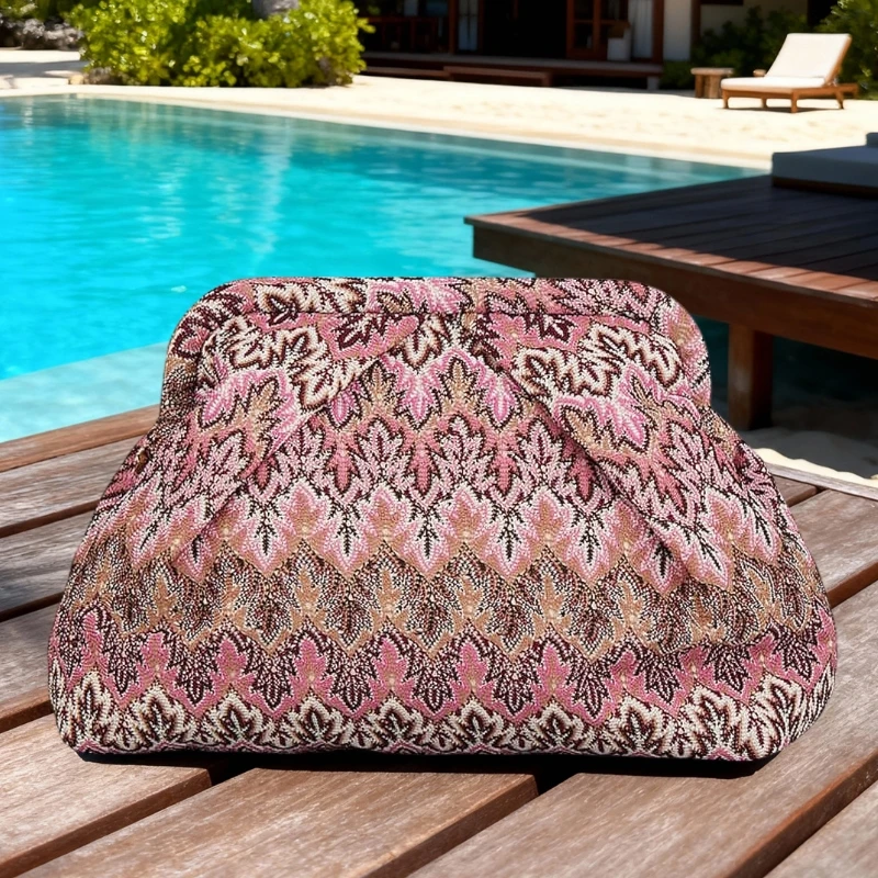 2026 Summer Fashionable Women's Ethnic Style Pink Woven Evening Clutch Bag Bohemian Vintag Printing Ruched Cute Cloud Bag Female