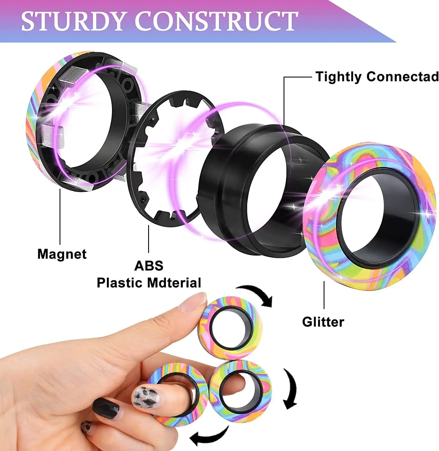 Magnetic Rings AntiStress Fidget Toy 3pcs Magic Ring Tool Bracelet  Finger Spinner Rainbow Color Kids Adult Decompression Toy