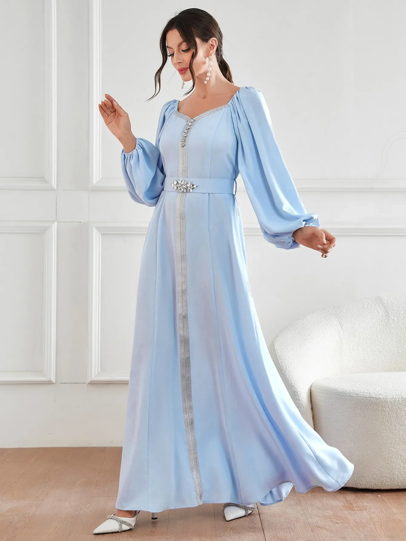 Abito Abaya musulmano elegante abito a vita alta per abito da sera a maniche lunghe con scollo a v a maniche lunghe da donna Dubai abiti da sera per feste turche