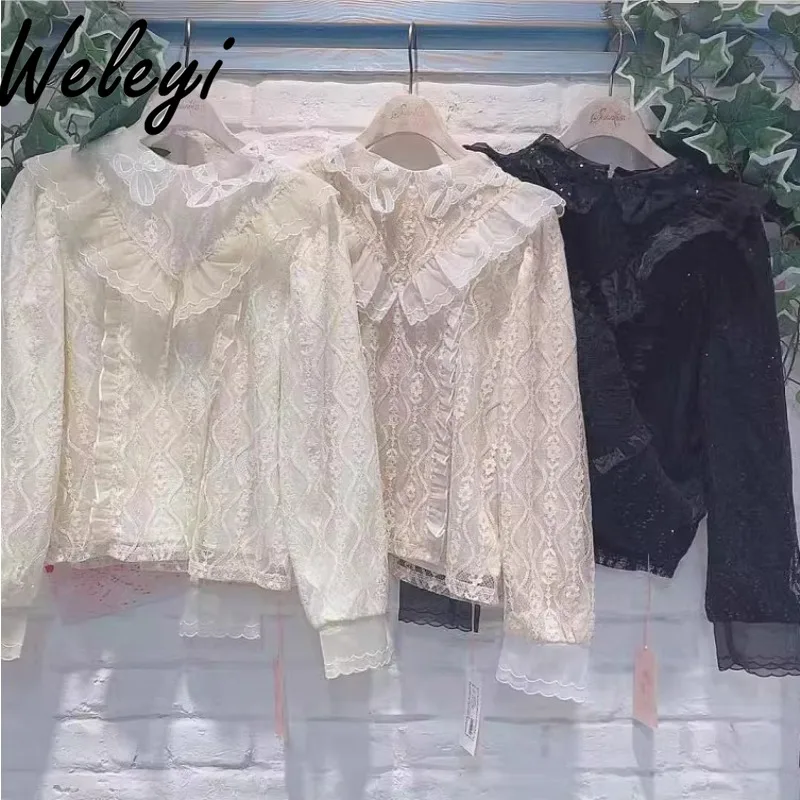 

Japanese Sweet Rojita Women Blouse Kawaii Spring Clothes Fashion New Koszule I Bluzki Lace Sequined Long Sleeve Straight Poleras