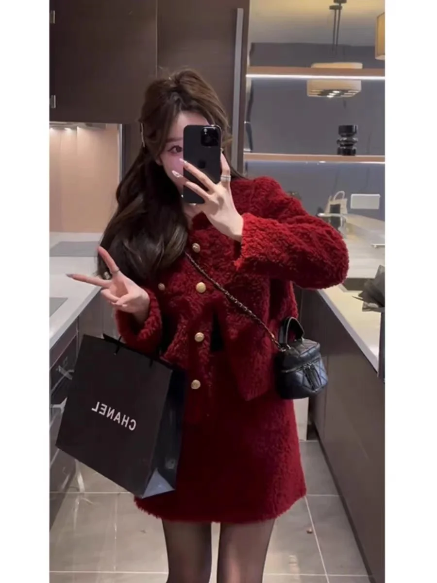 UNXX New Year Red Tweed-style Dress Set for Women, Winter 2023 New Trendy Autumn/winter Socialite Skirt Two-piece Set Fashion