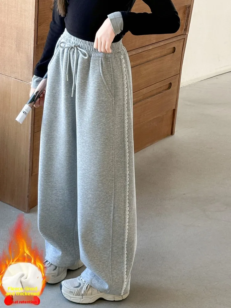 

Утепленные зимние брюки для девочек с асимметричным кроем, высокой талией, прямые, длинные, повседневные, с кружевом