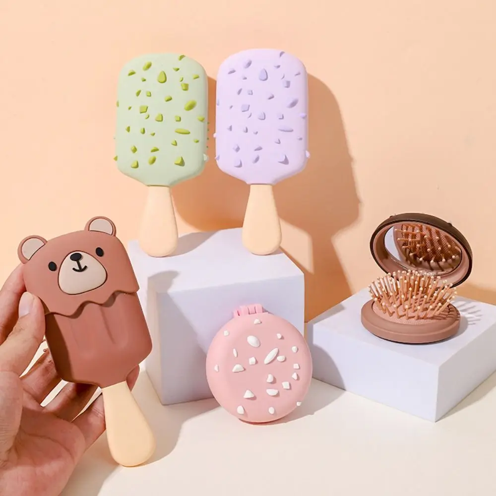 Taşınabilir Mini Tarak Ayna Ile Anti Statik Karikatür Masaj Tarak Kare Yaratıcı Katlanabilir Saç Fırçası Makyaj Aracı