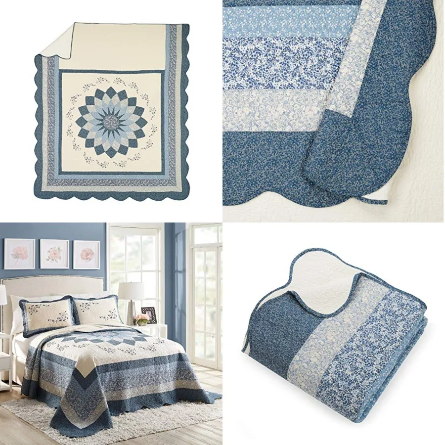 

Blue Floral Embroidered Quilted Bedspread - Lightweight Breathable All Seasons Bedding, Full Size
