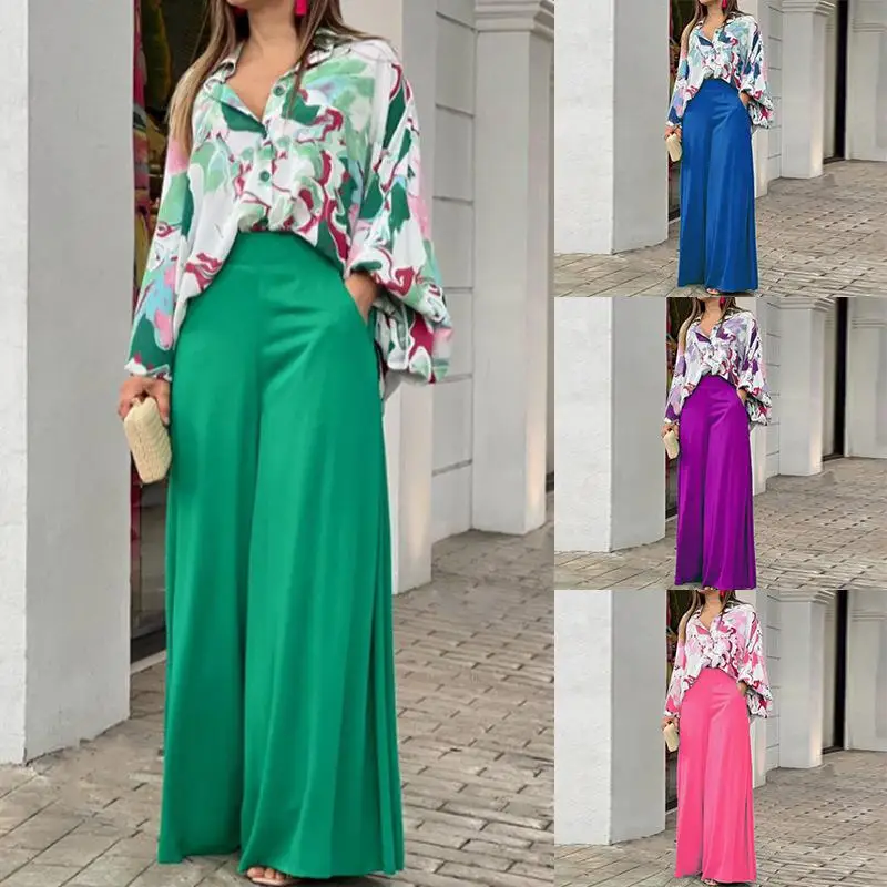 

Women's Casual High Waist Wide Leg Suit Two-Piece Set Comfortable Loose Fit Pants with Lapels Other Material Bedding