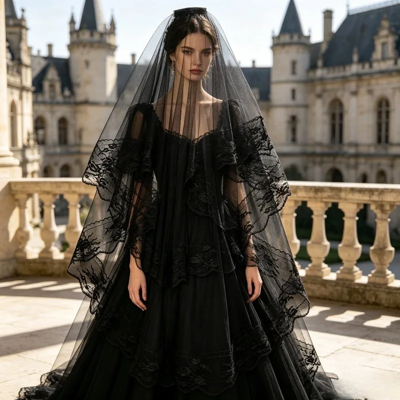 Halloween Black Lace Veil for Bride Double Layer Style Retro European Headpiece for Photoshoot Prop and Dress Up