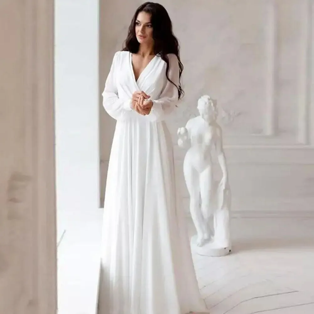 A Line Chiffon Wedding Dresses White Dresses Womens vestidos boda playa vestidos de boda 2023 Elopment Full Sleeve SimpleCL-372