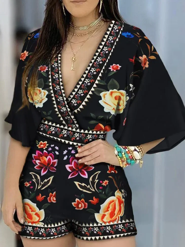 Deep V Neck Floral Half Sleeve Summer Rompers Women Playsuits