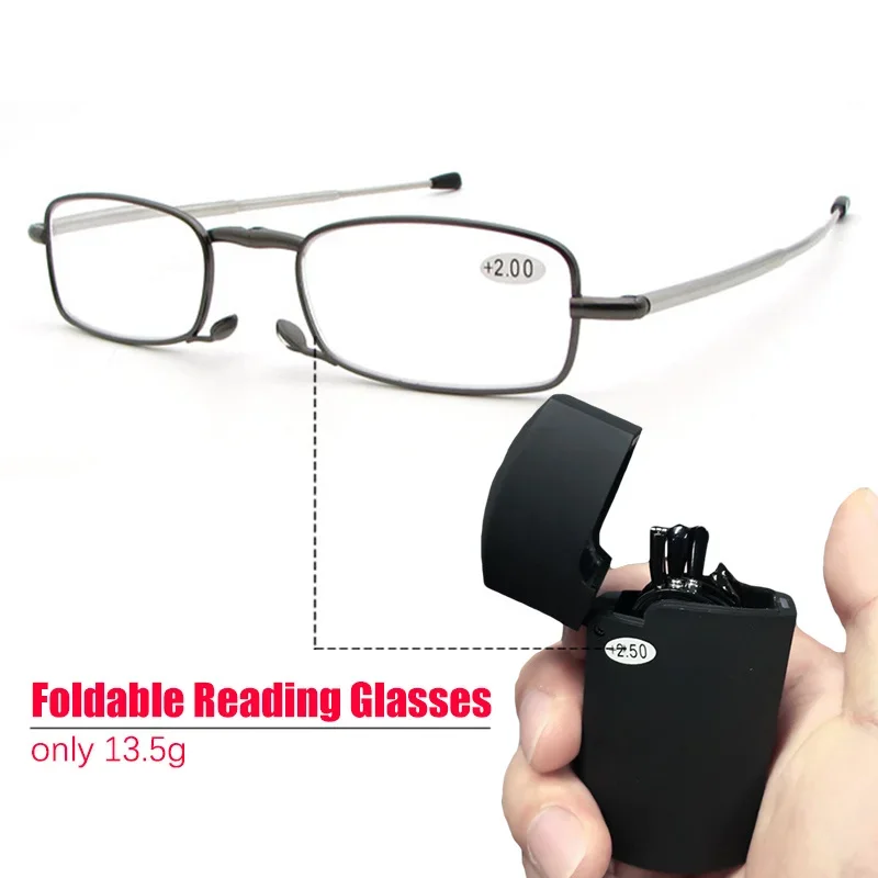 1pc Mini Portable Folding Reading Glasses With Case Women Men Foldable Presbyopic Glasses Full Frame Metal Black +1.5 +2.0 +2.5
