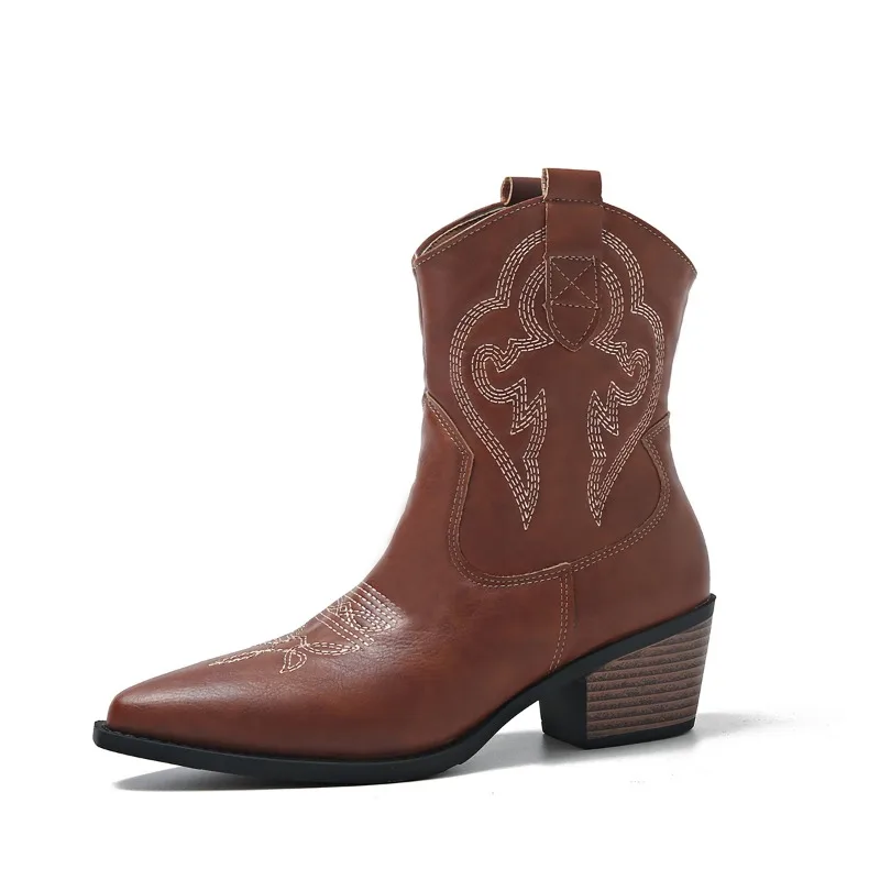 Bottes de cowboy brodées au genou pour femmes, talons compensés, marron, western boo, nouvelle tendance, hiver