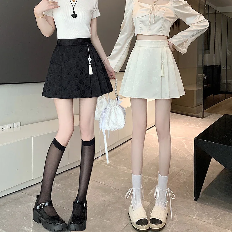 Chinese Jacquard Pleated Skirts Women's Spring Summer Tassel Pendant Skirts High Waist Slim Anti-Emptied A-line Mini Skirts New