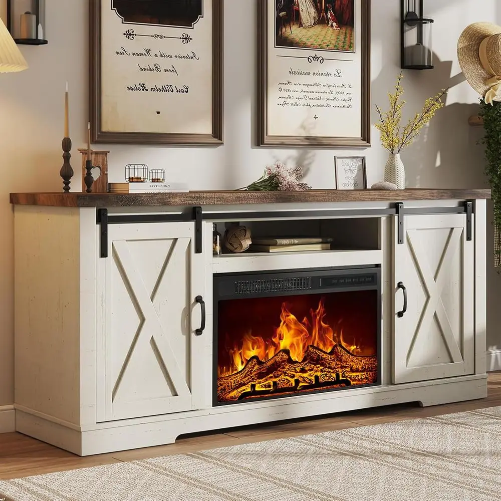 

65 TV Stand with Sliding Barn Door, Storage Cabinets and Adjustable Shelves, Distressed White & Barnwood Finish