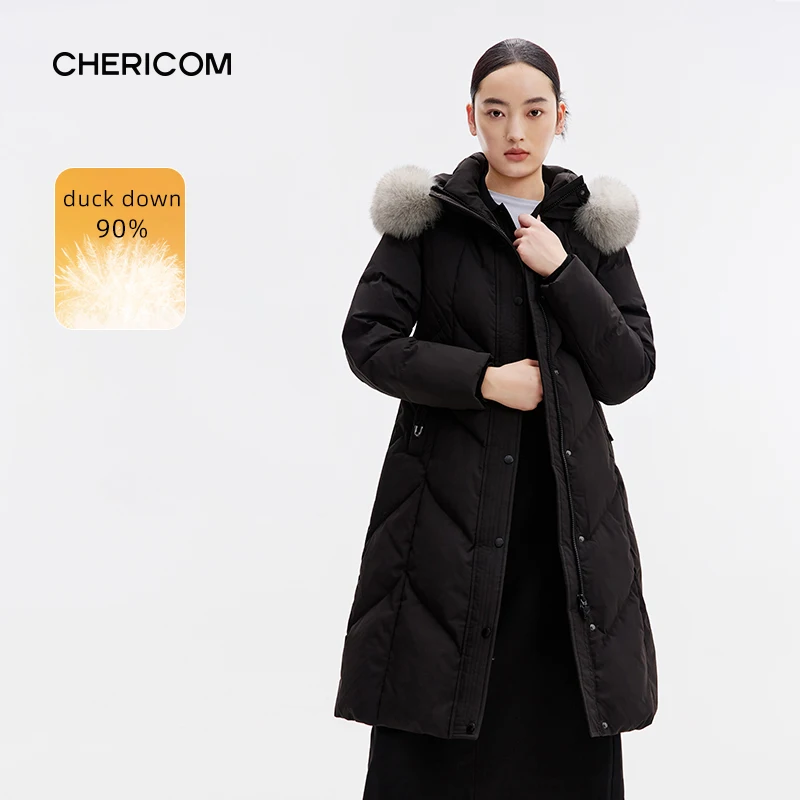 Chericom Women's Winter Down Jacket Mid Long Thickened Hooded Fox Fur Collar Padded Jacket Skinny Commuter Puffer Coat 299225