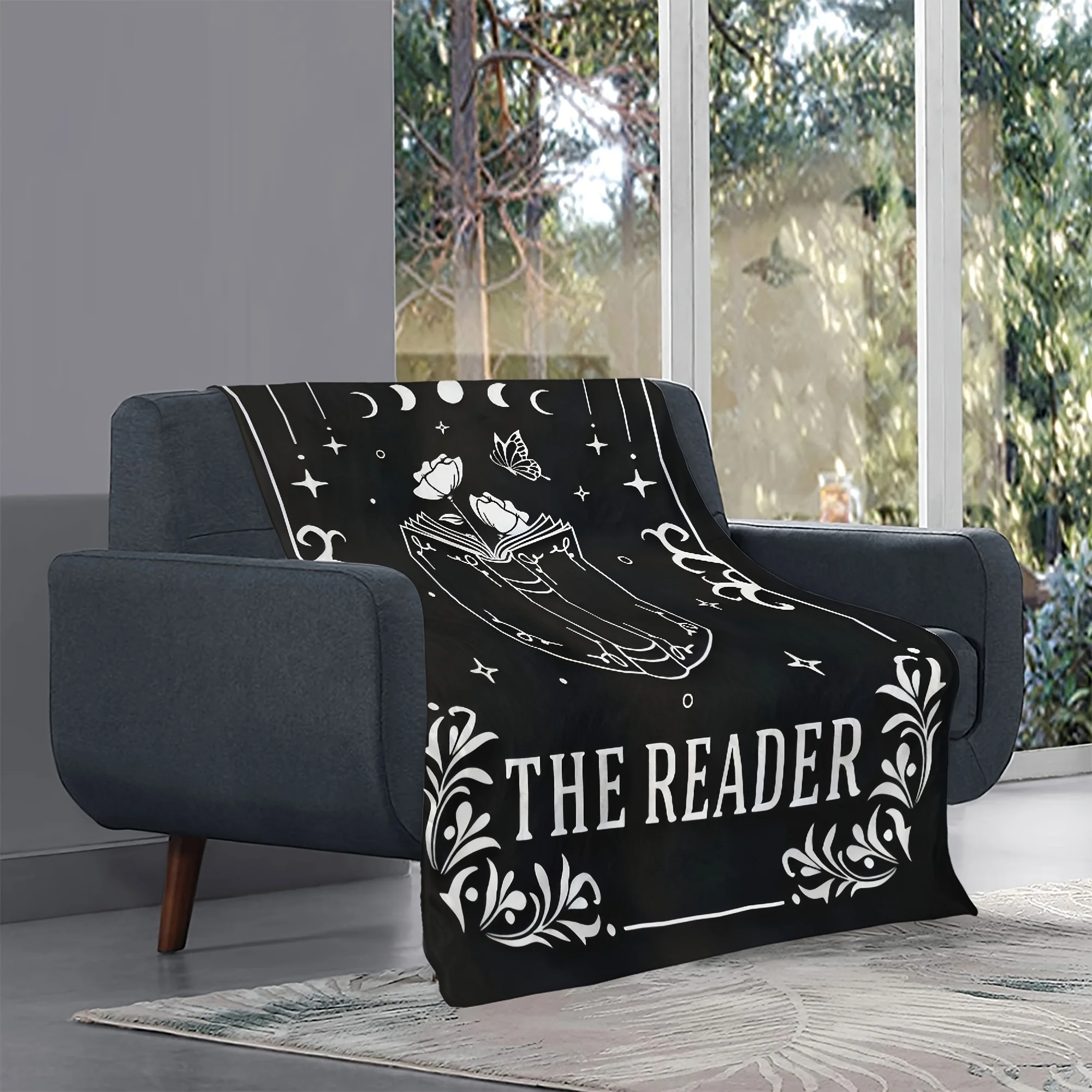 The Reader Cozy Flannel Throw Blanket - Black with White Book & Rose Design, All-Season Soft Plush for Book Lovers