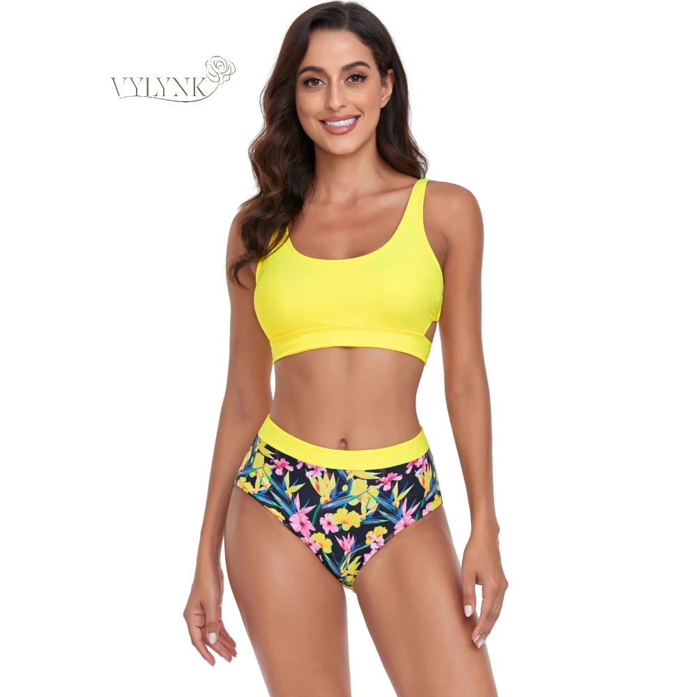 VYLYNK Yellow Bikini Women Tummy Control High Waist Swimsuit Shorts 2-częściowy zestaw Tankini Stroje kąpielowe dla kobiet 2024 Nowy kostium