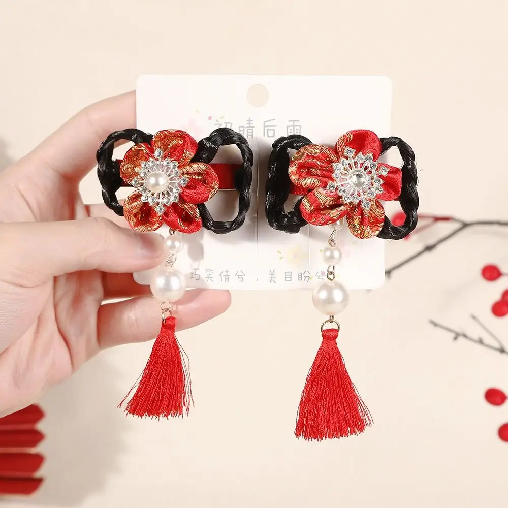 Chinese Style Children's New Year Hairpin Hanfu Headwear Tang Suit Wig Braid Barrettes Cute Sweet Red Bow Hair Clip Winter