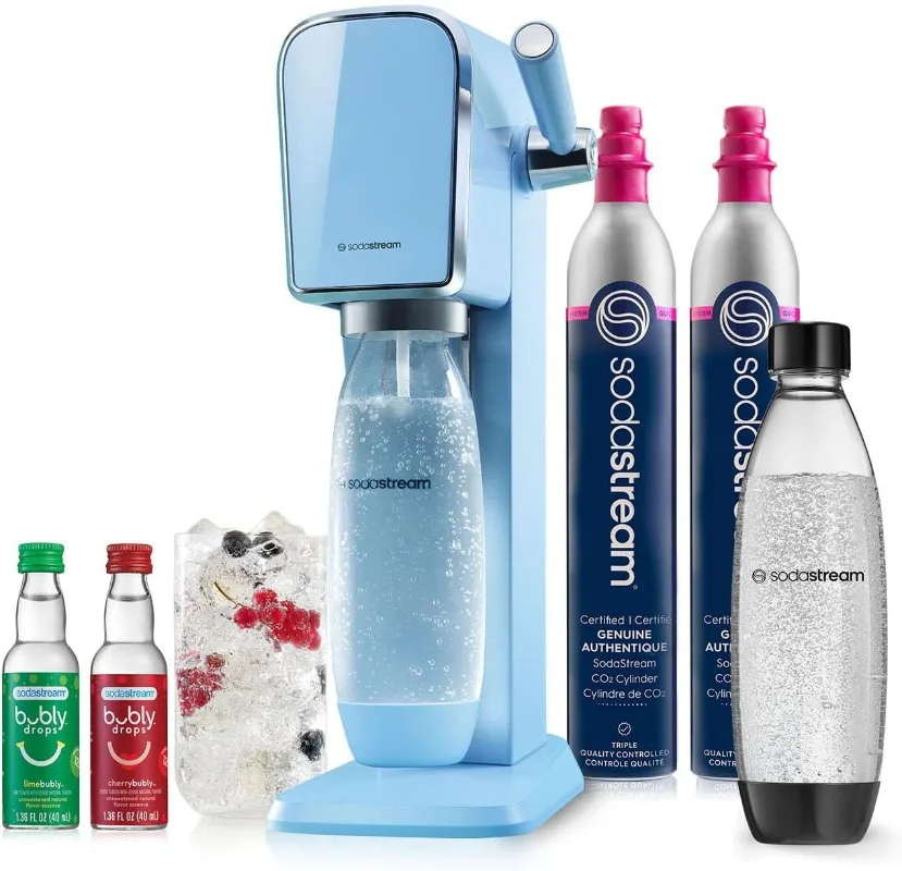 

SodaStream Art Sparkling Water Maker Bundle (Misty Blue), with CO2, DWS Bottles, and Bubly Drops Flavors