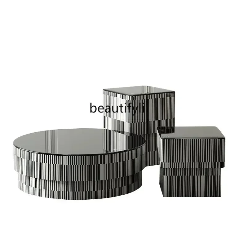 

cc182R11 Italian Minimalist Black and White Plaid Coffee Table round Tea Table Glass Side Table Size Combination Apartment Livi