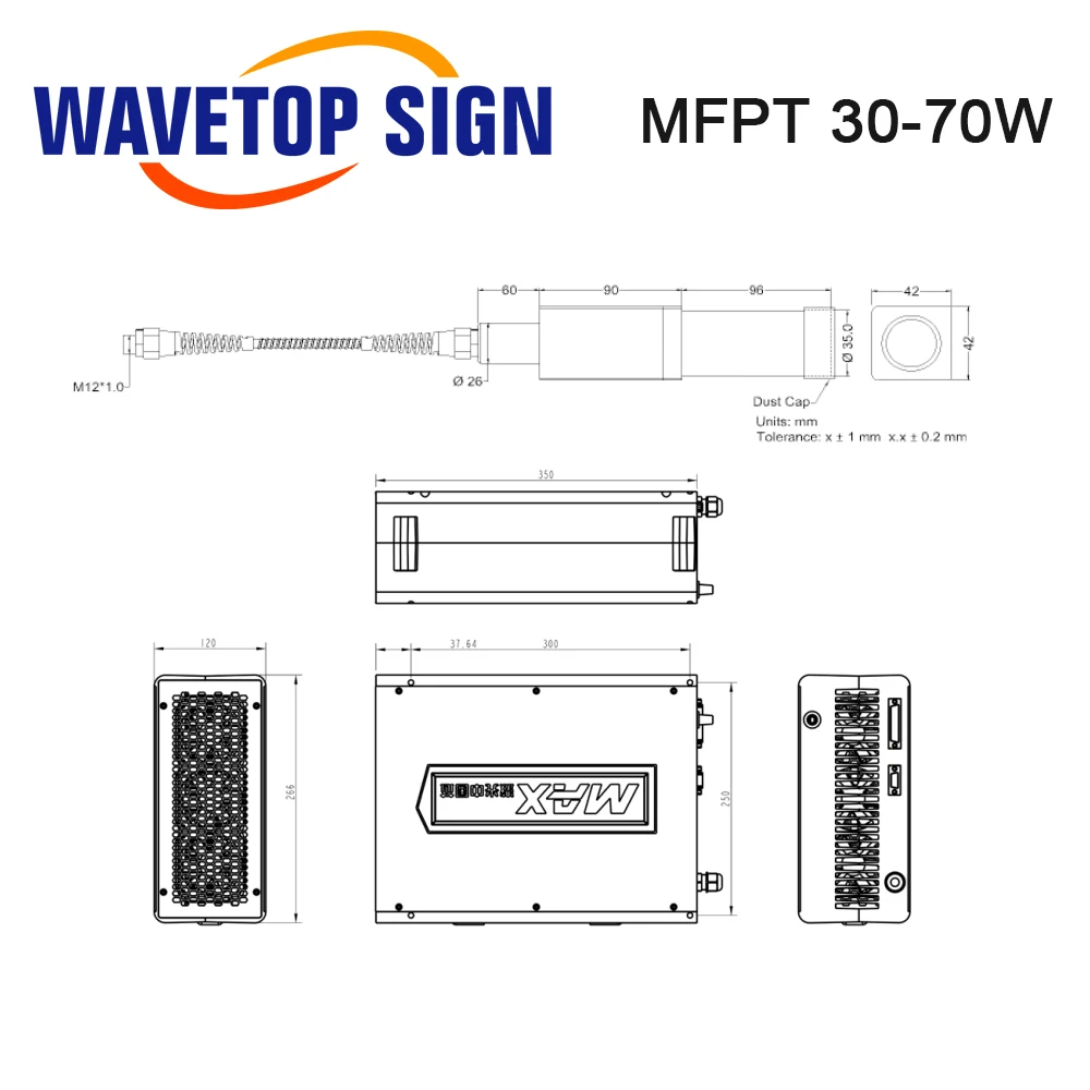 WaveTopSign MAX MFPT 20-100W MOPA Lebar Pulsa Disesuaikan Sumber Laser Serat Berdenyut 24VDC untuk Mesin Penanda Laser Serat