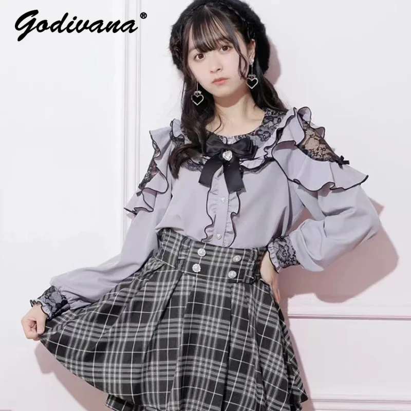 

Japanese Style Women's Sweet Lolita Lace Ruffled Off Shoulder Long Sleeve Shirt Bowknot Girls Loose Blouse Fashion Blusas