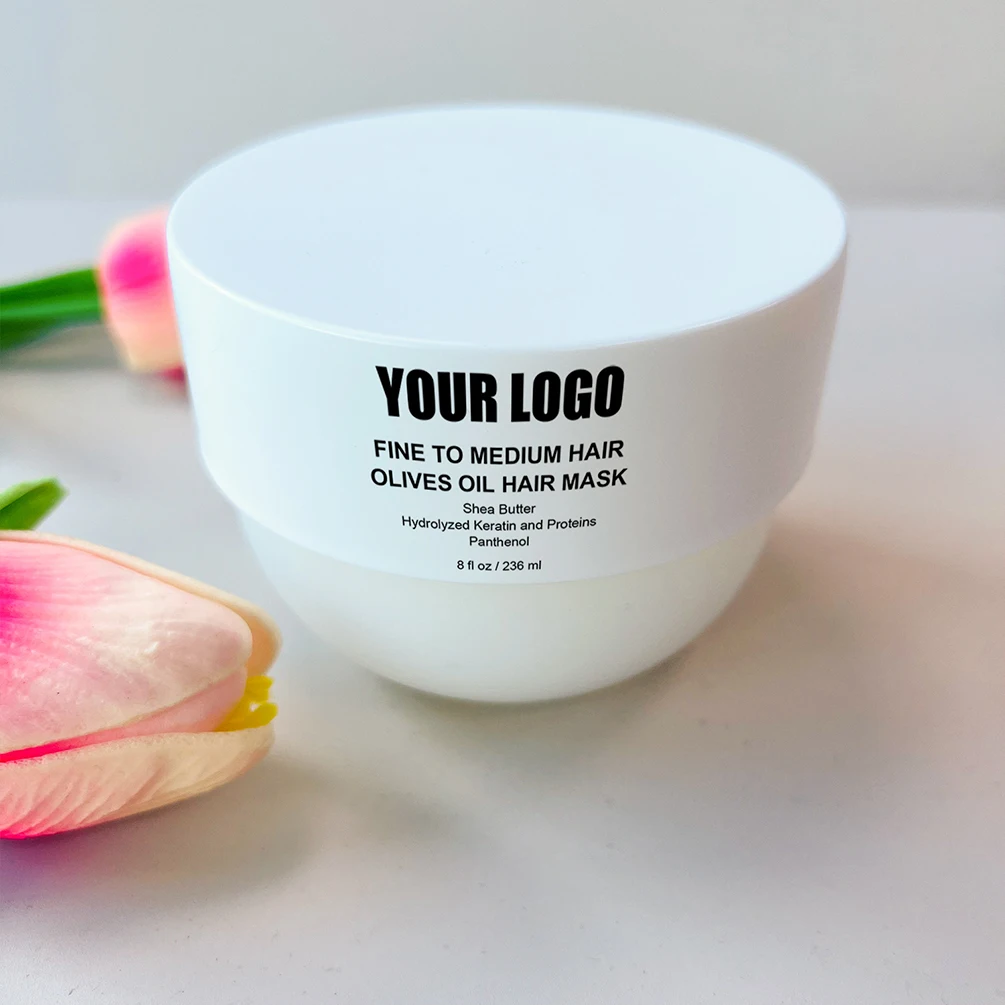 Máscara para el cabello de etiqueta privada, logotipo personalizado, 236ml, crema de aceite de oliva vegano, máscara para el cabello, mejora la reparación del Frizz, maquillaje para el cabello suave, paquete blanco