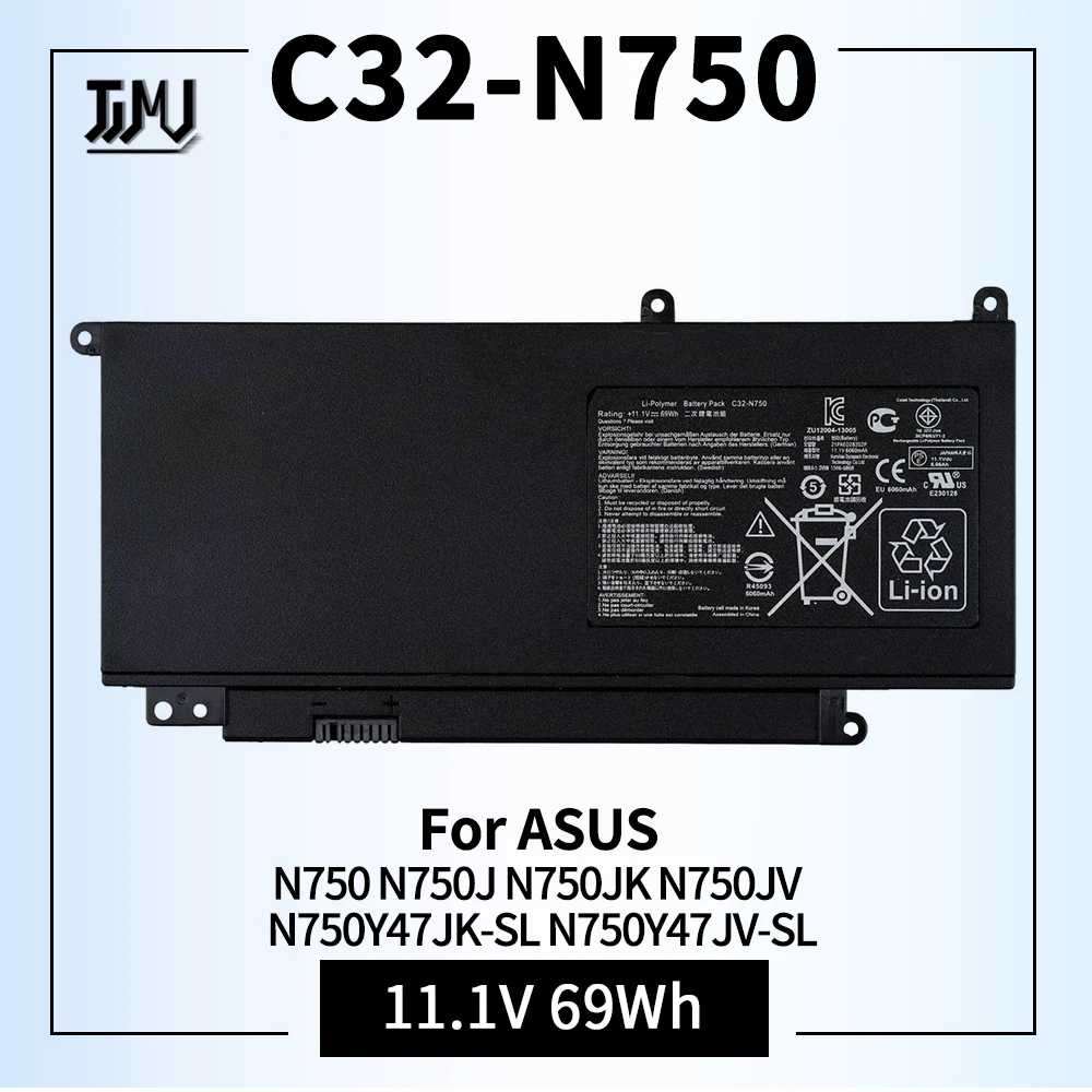 C32-N750 (11.1V 69Wh 6260mAh) Laptop Battery Replacement for Asus N750 N750J N750JK N750JV N750Y47JK-SL N750Y47JV-SL C32N750