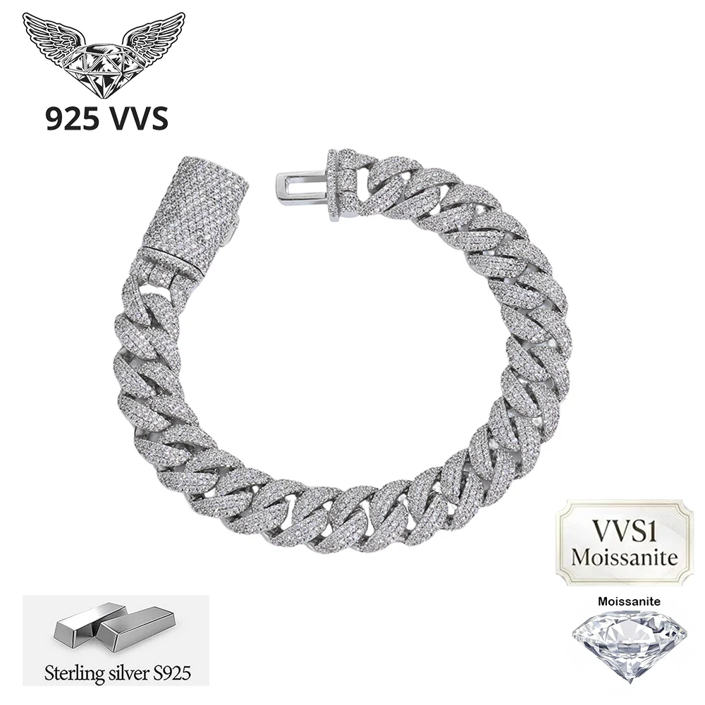Fine Iced Out 925 Sterling Silver Cuban Link Bracelet Inlaid With Bling Rivieras in VVS1 Moissanite 18k Gold Plated Men Jewelry