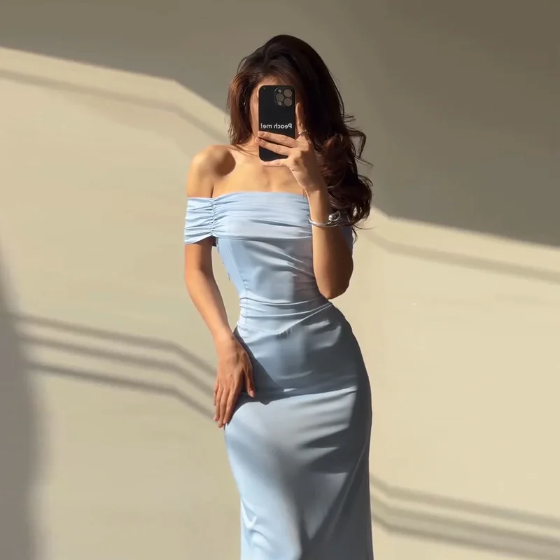 Retro fora do ombro painel design volta bandagem cetim amarelo a linha saia de luxo magro dobras vestido longo festa de formatura vestidos robe