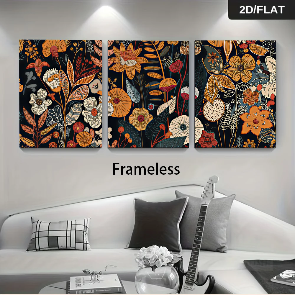 1 set of modern abstract floral triptych frameless decorative paintings, minimalist home wall art, 2D flat design.