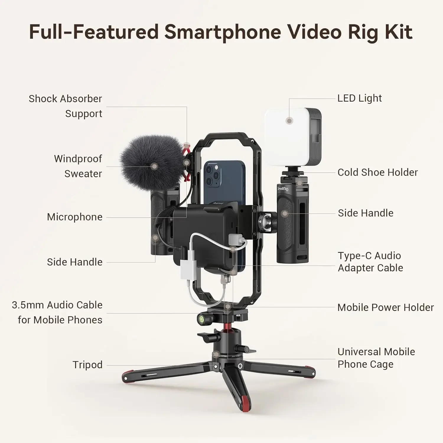 

NEW SmallRig Universal Phone Video Kit for Smartphone and Cameras Stabilizer Tripod Microphone LED Light Side Handle - 3406B/338