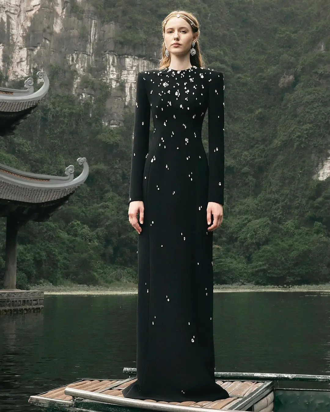 Sapmae O-neck Full Sleeve Beaded Sheath ZipperUp Black Floor-length Simple Prom Evenning Cocktail Formal Dress For Women In 2024