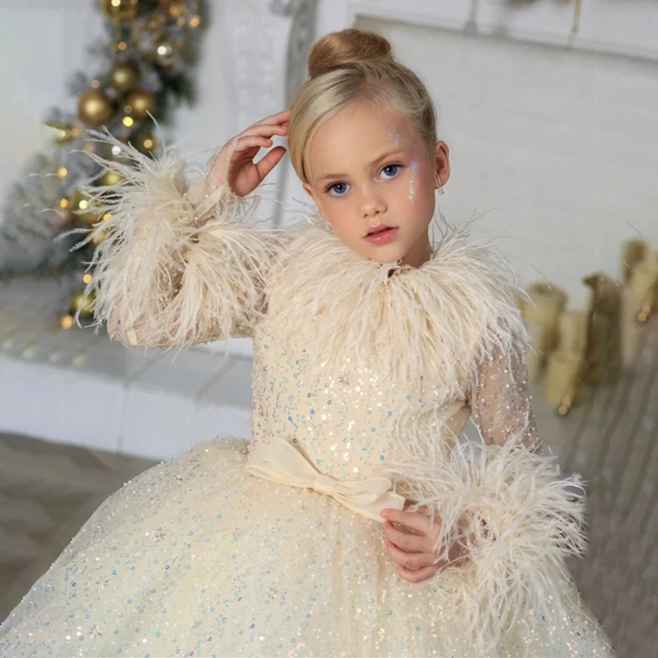 Vestido elegante de tul con lentejuelas y purpurina para niña, vestido de flores de manga larga para boda, pluma con lazo, fiesta de cumpleaños para niños, vestido de primera comunión